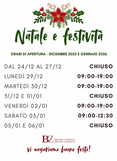 Natale e festività 🎅orari di apertura e sospensione servizi ILL e DD